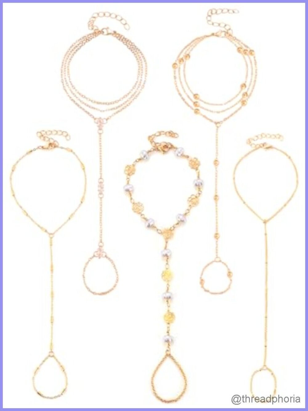 Gold Plated Hand Chain Bracelet Set - 5 Pack with Adjustable Fit